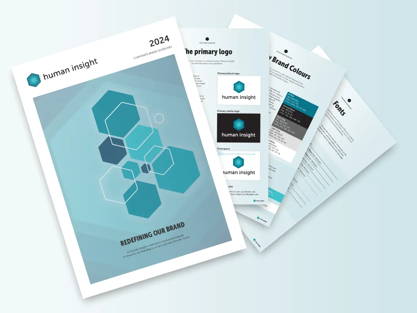 Styleguide mockup met richtlijnen voor logo, kleur en typografie van Human Insight.